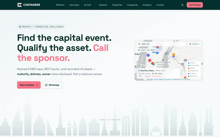 Portada de containeer.com: un buscador de activos sobre el mapa de Nueva York, con filtros por tipo de inmueble.