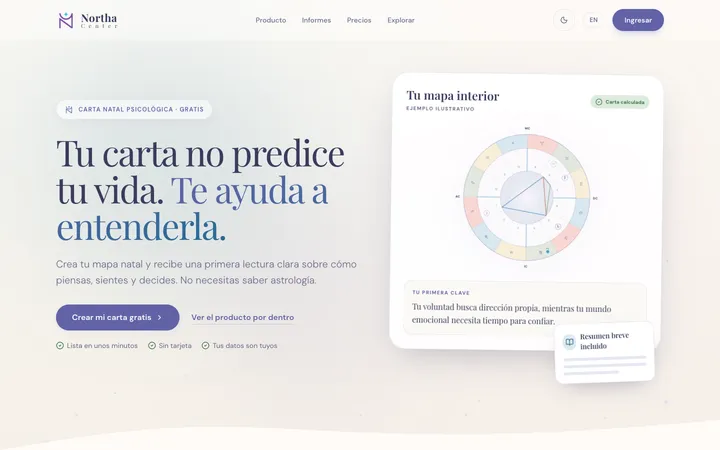 northa.center home page: a sample birth chart next to its first reading.