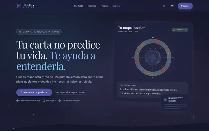 Portada de northa.center: una carta natal de ejemplo junto a su primera lectura.