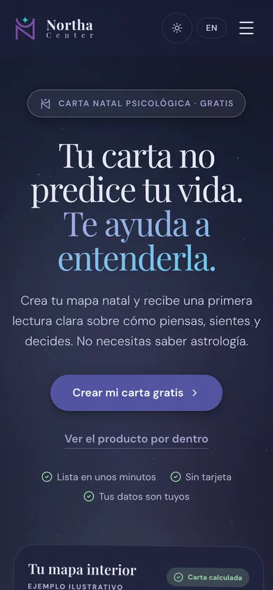 Portada de northa.center en el móvil, en tema oscuro.