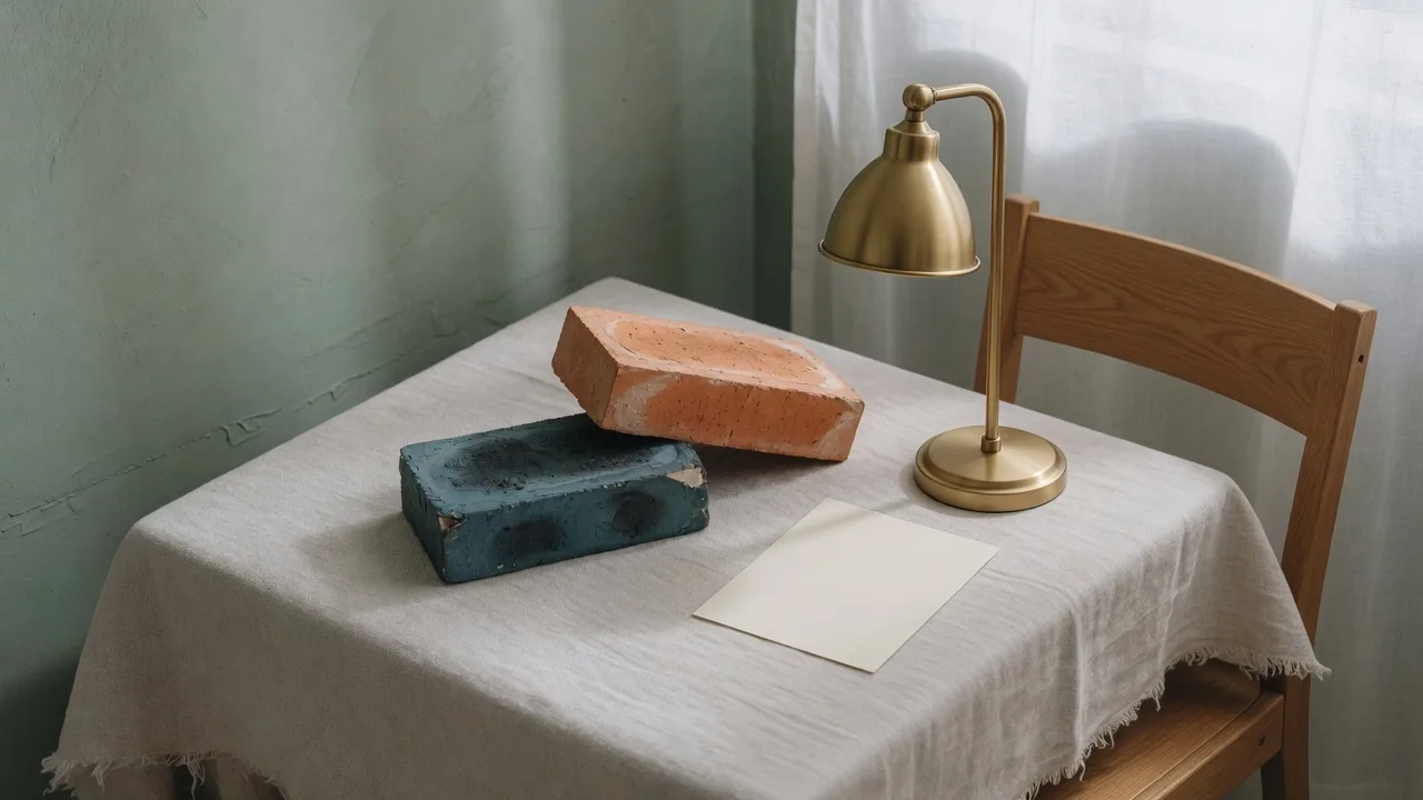 Una silla vacía, una lámpara de latón y una ficha en blanco junto a los dos ladrillos.