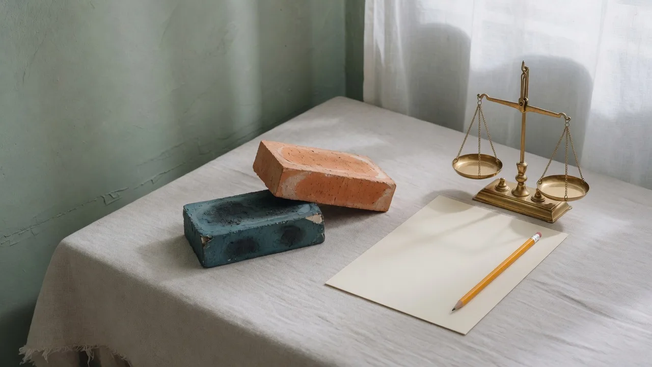 A blank sheet, a pencil, and an empty scale beside the two bricks.