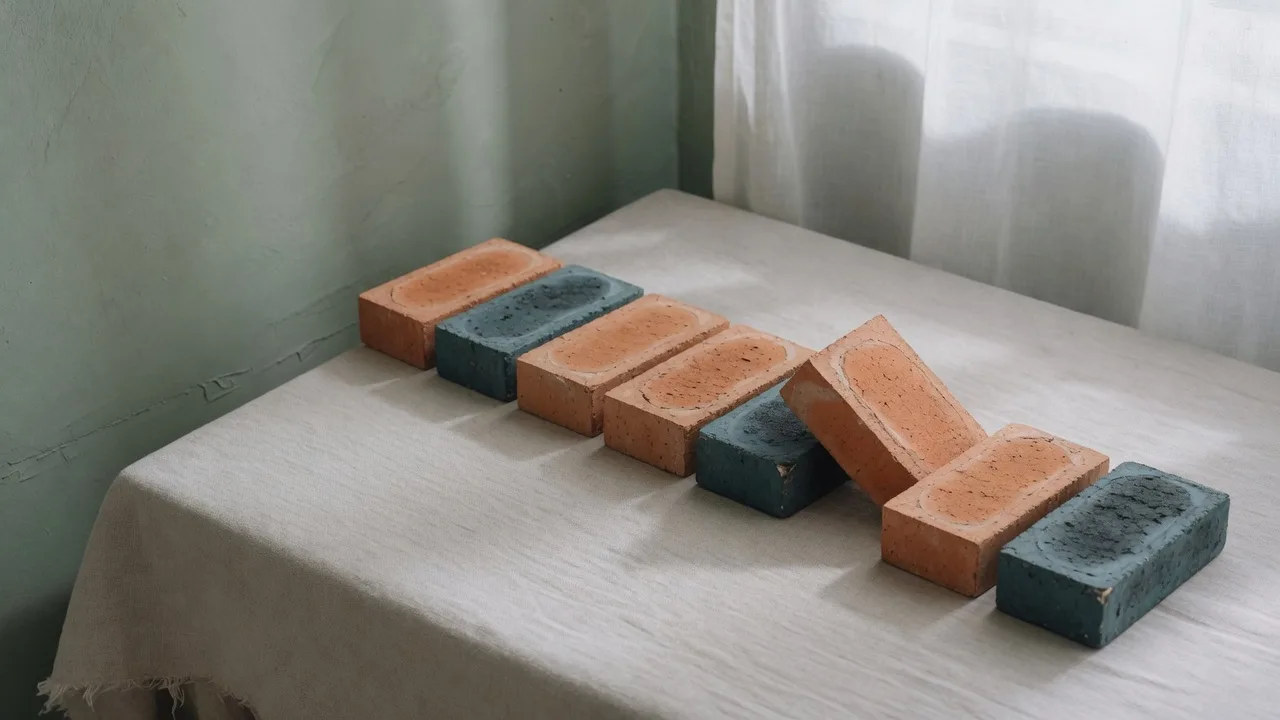 Una fila de ladrillos azules y terracota sobre la mesa, con uno a medio colocar.