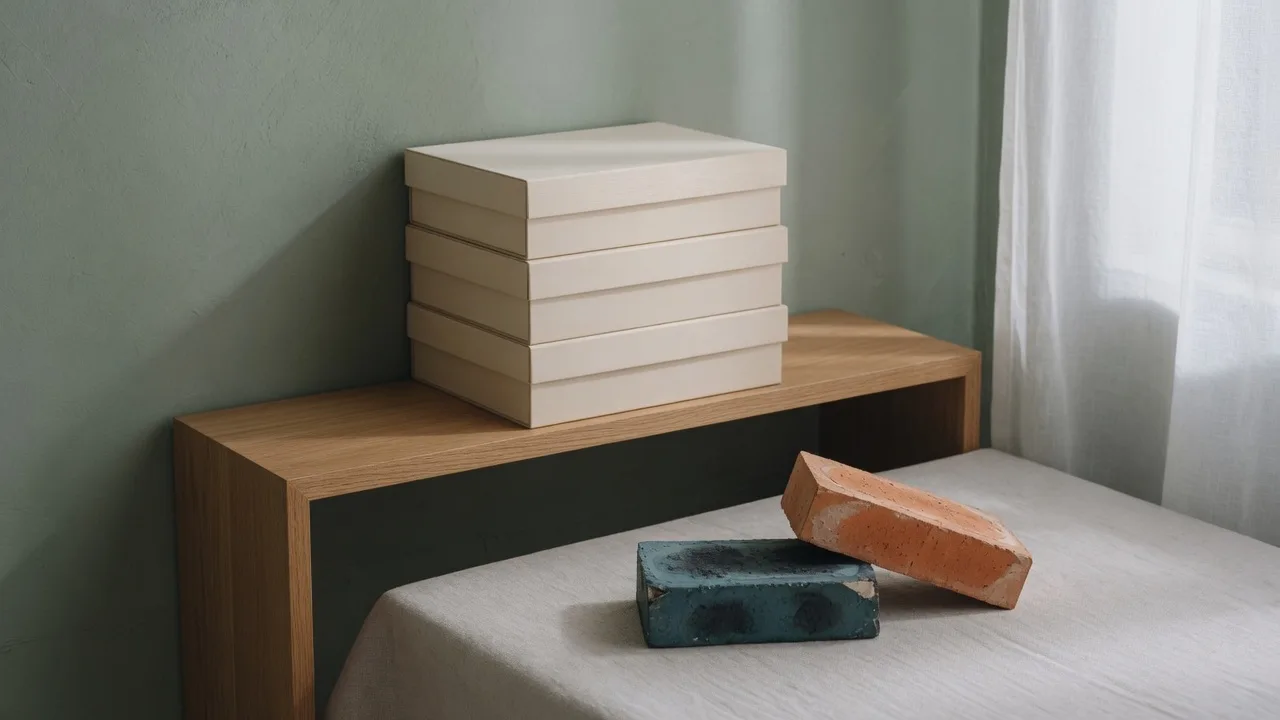 Unlabeled archive boxes on a shelf, with the two bricks in front.